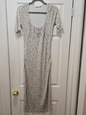 SAMSOE Blue and Yellow Floral Maxi Dress with Scoop Neck